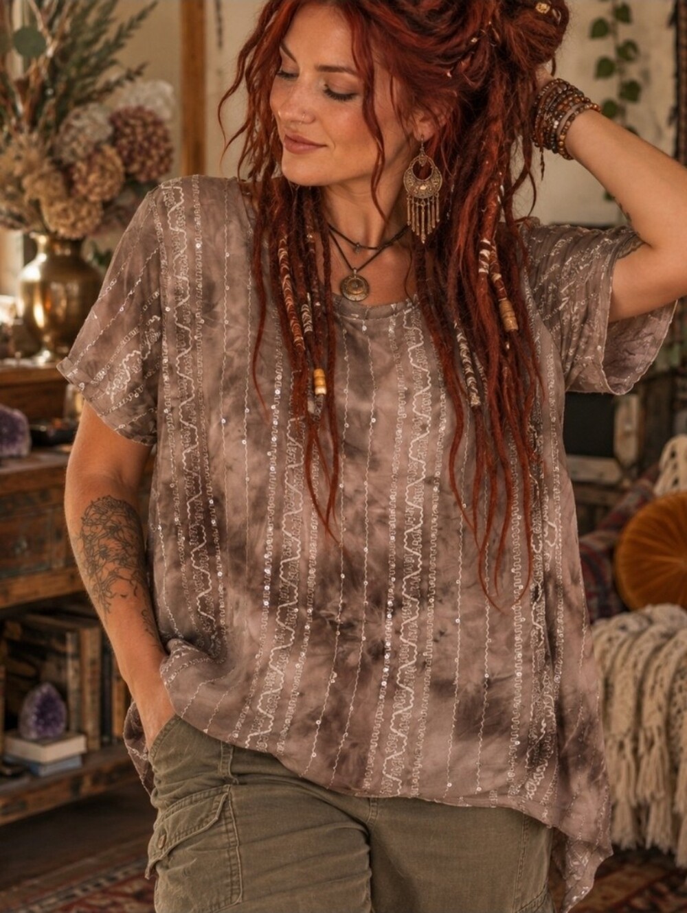 4/$15 Shannon Ford Petite L Taupe Sequin Embellished Top Boho Y2K 90s Fairycore